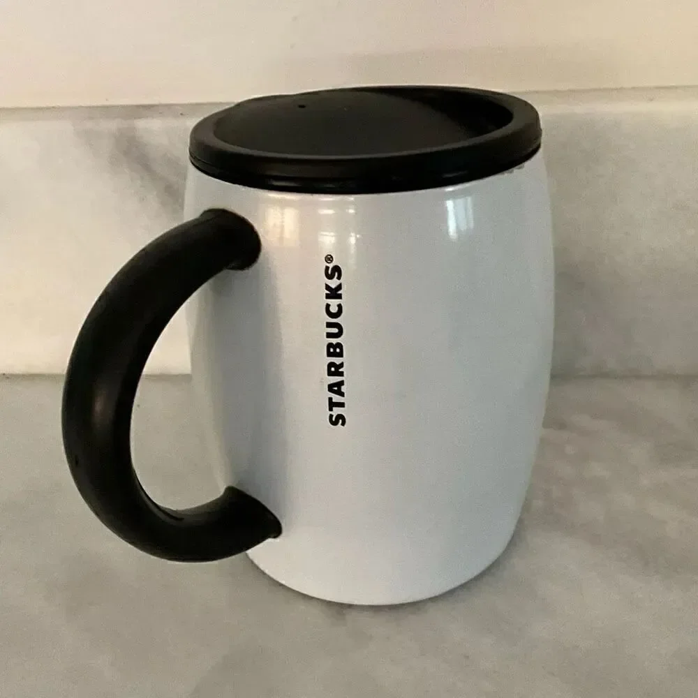 RARE Vintage 2013 Starbucks Stainless Steel White Pearlescent Mug with Lid, 14 f